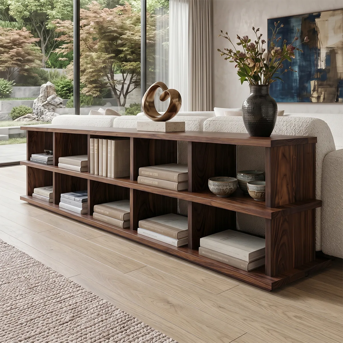 Low Profile Open Bookshelf | Long Modern Bookcase with Multi-Cubby Storage HG021-7BZB7HG