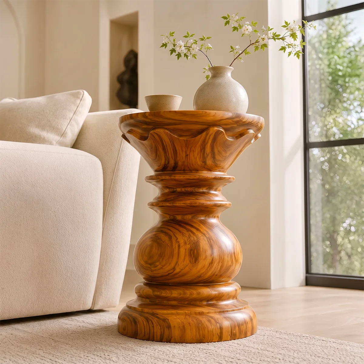 Sculptural Crown Pedestal Wood End Table | Round Carved Side Table TT006-9TFS8ZN