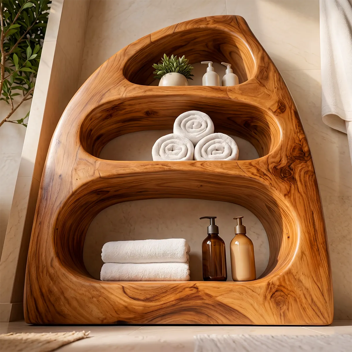 Sculptural Bathroom Cabinet with 3 Open Shelves | Organic Modern Storage TT006-2YFR1YX