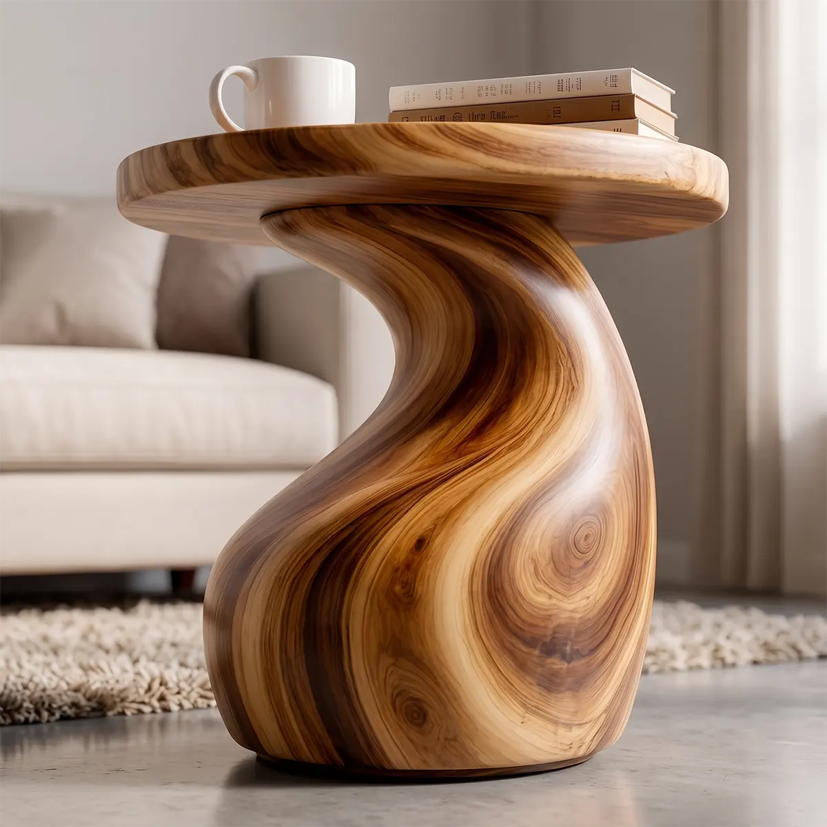 Sculptural S-Curve Wood End Table | Round Organic Pedestal Side Table TT006-2YGL2AE