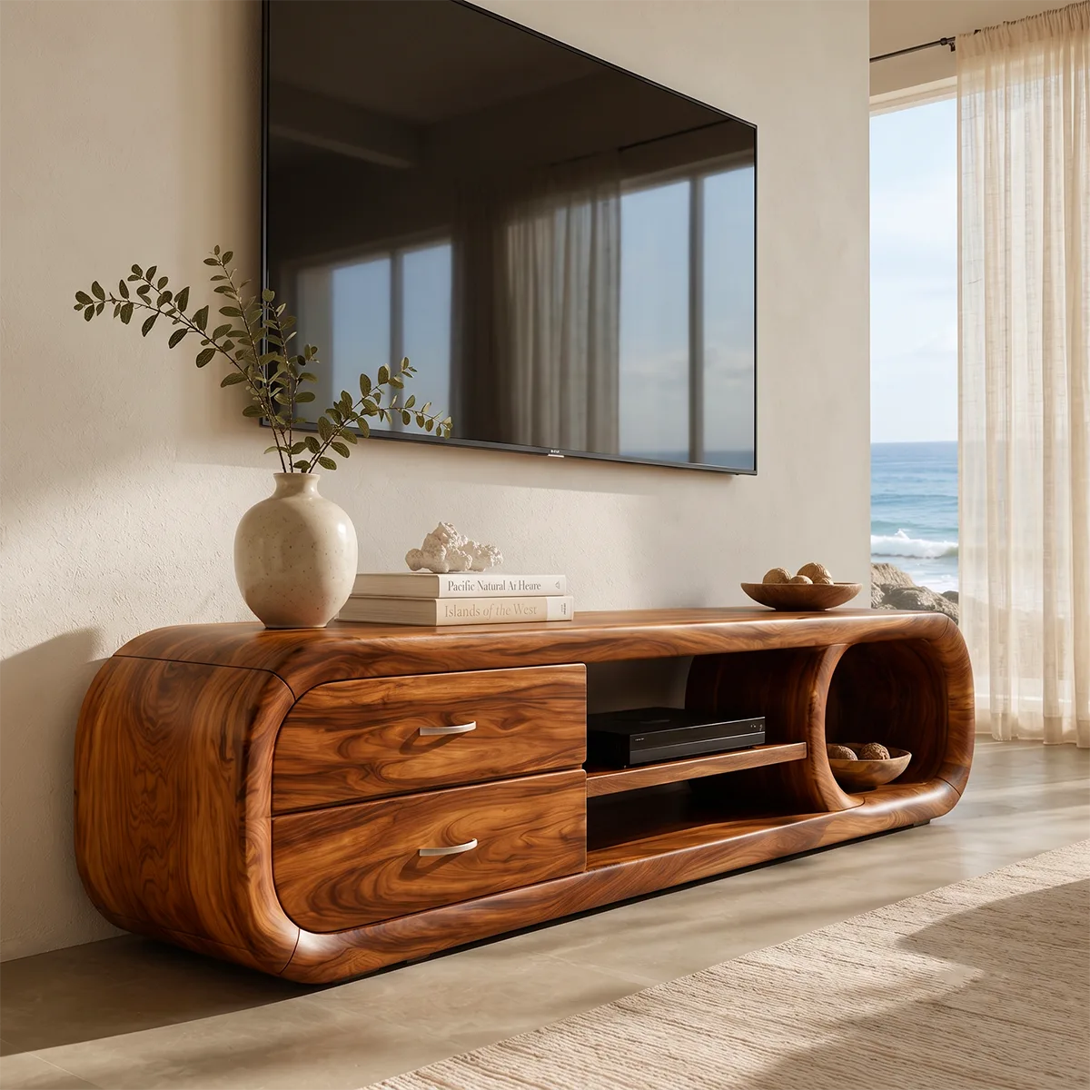 Modern Curved TV Stand with 2 Drawers & 3 Open Storage Areas TT006-8EDM7QK