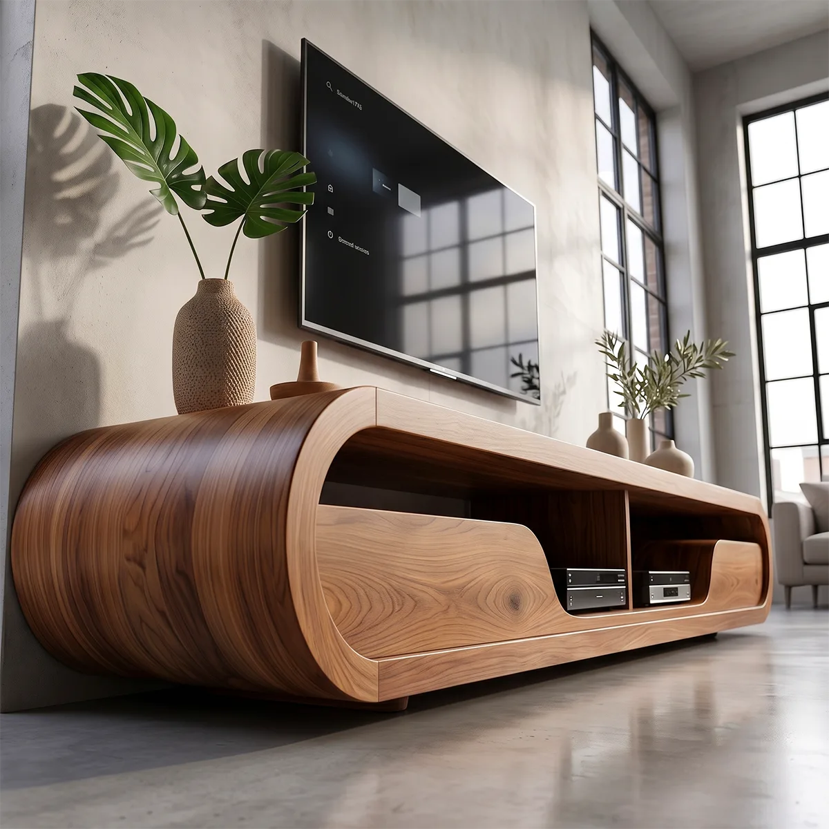 Modern Curved TV Stand with 2 Open Media Compartments | Sculptural Low Profile Console TT006-4KOT9JE