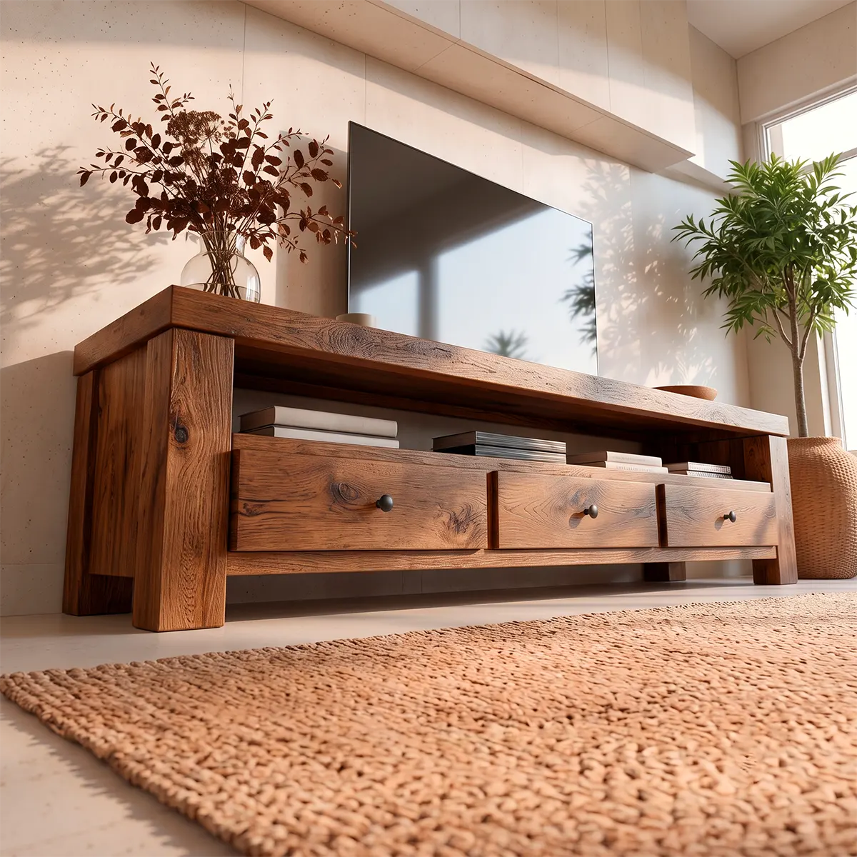 Modern TV Stand with 3 Drawers & Open Media Shelf | Rustic Wood Entertainment Console TT006-5YVS8FX