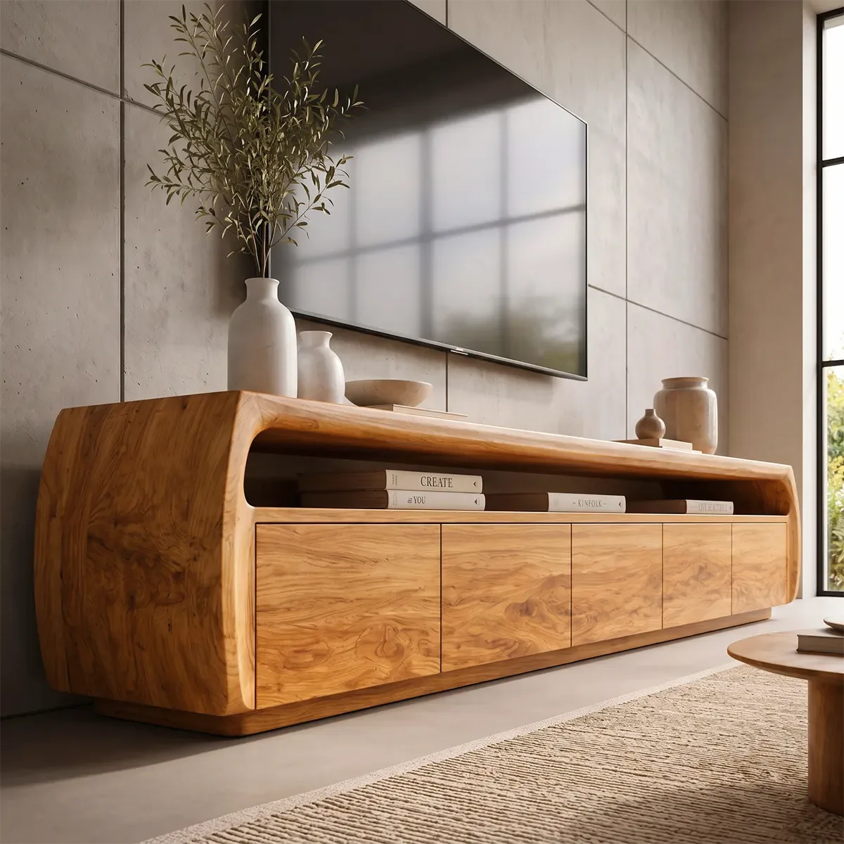 Modern TV Stand with 5 Enclosed Storage Compartments & Open Shelf | Curved Media Console TT006-2HKN9KV