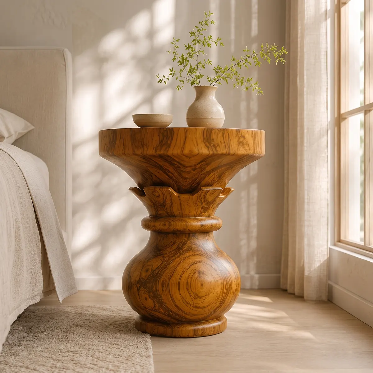 Sculptural Lotus Pedestal Wood End Table | Round Statement Side Table TT006-6BCF9JT