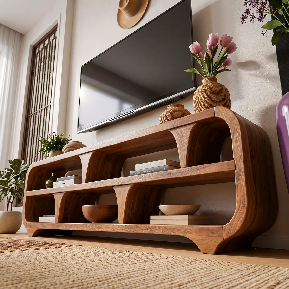 Modern Open Shelf TV Stand with Sculptural Curved Design | Organic Media Console TT006-6RPU8SU