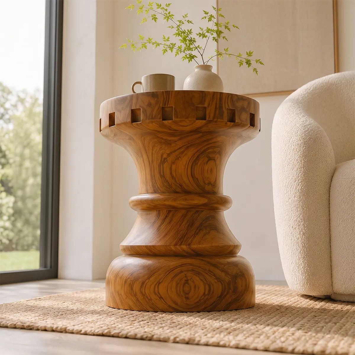 Sculptural Square Notch Wood End Table | Round Turned Pedestal Side Table TT006-7CML8BQ