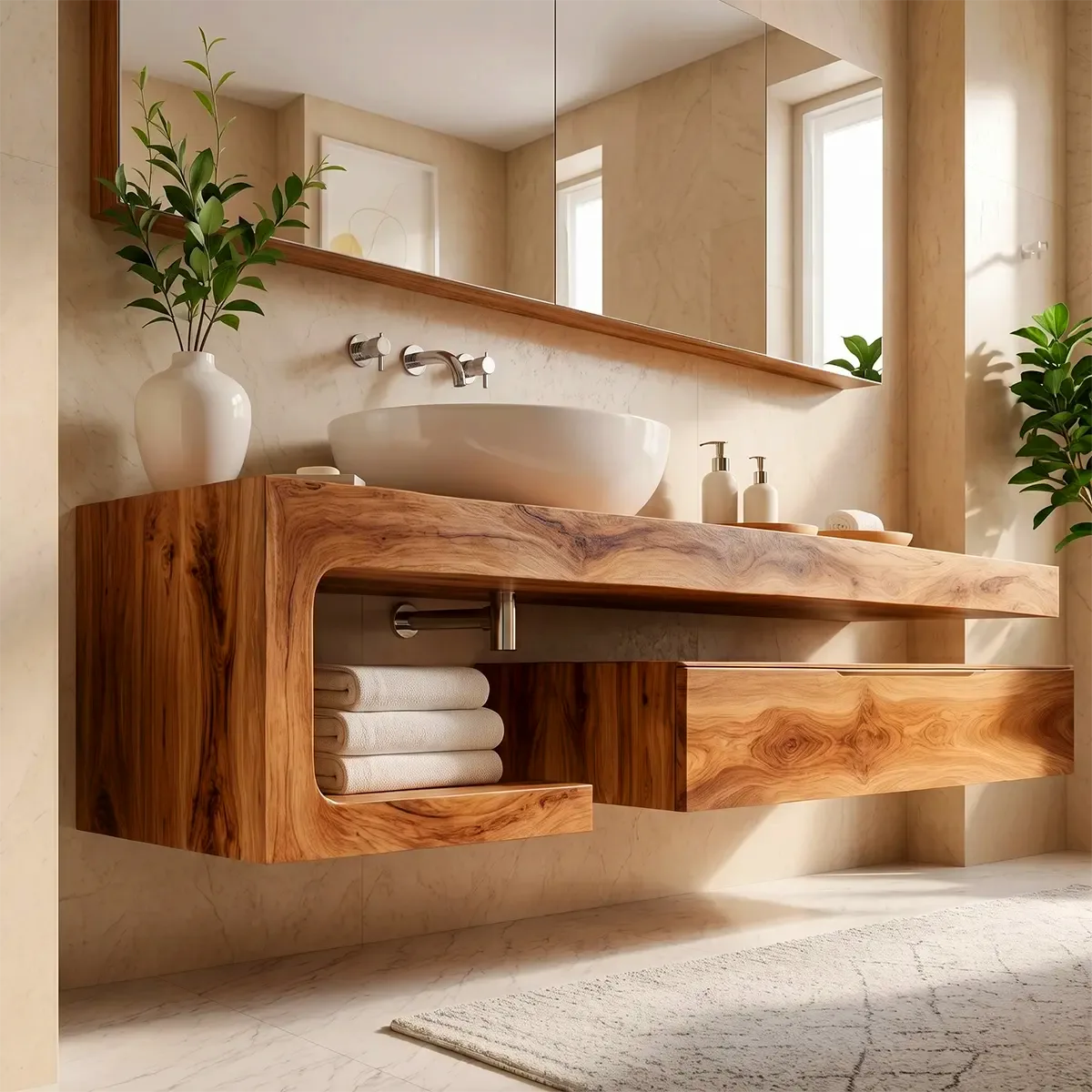 Floating Bathroom Vanity with Drawer & Open Shelf | Modern Curved Wall-Mounted Design TT006-2ZDO7SU