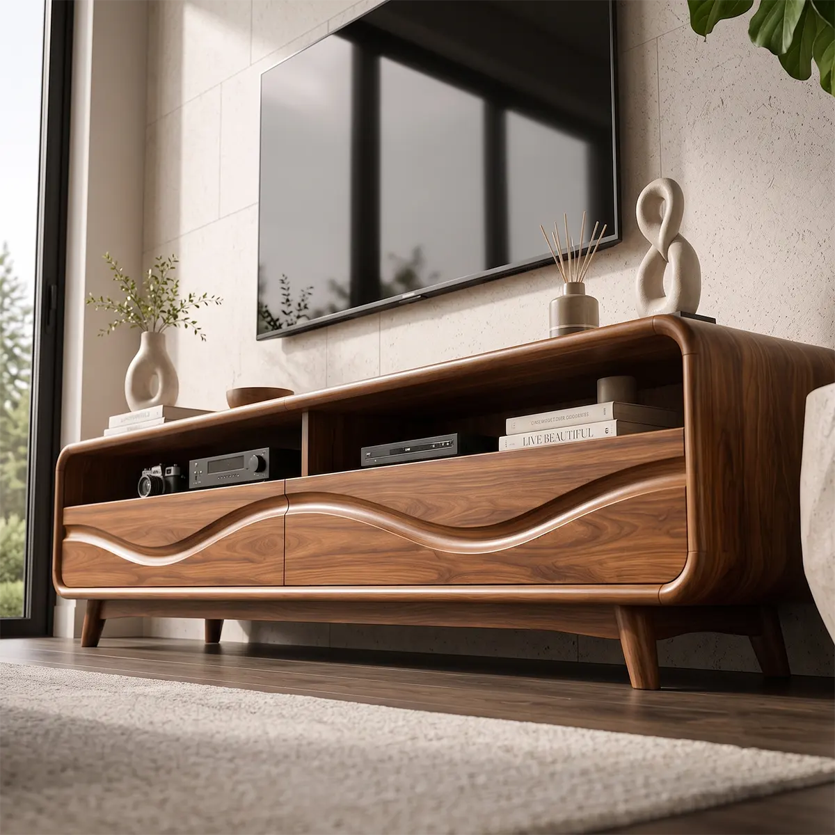 Modern TV Stand with 2 Open Shelves & Enclosed Storage | Sculptural Curved Media Console TT006-5OJR9XY