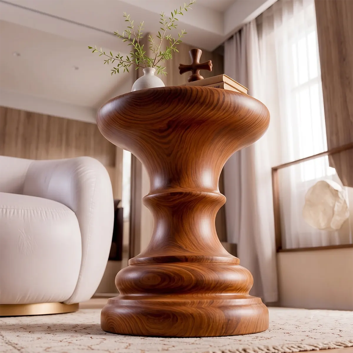 Sculptural Turned Wood Pedestal End Table | Round Statement Side Table TT006-1IPZ4IE