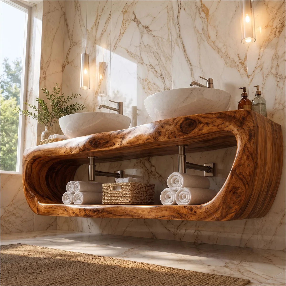 Floating Double Bathroom Vanity with Open Shelf | Sculptural Organic Edge Design TT006-7QQX8GI