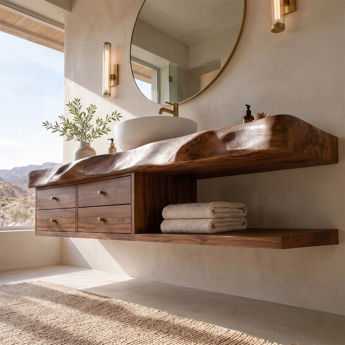 Organic Bathroom Vanity with 4 Drawers & Open Shelf | Freeform Edge Vanity Cabinet TT006-9HXZ1BE
