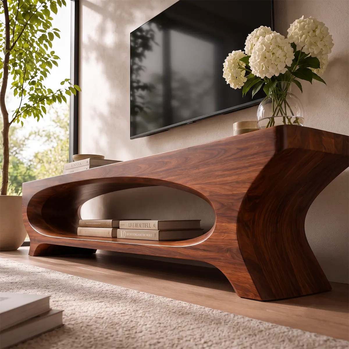 Sculptural Curved TV Stand with Large Open Shelf | Modern Low Profile Media Console TT006-7JCI6KI
