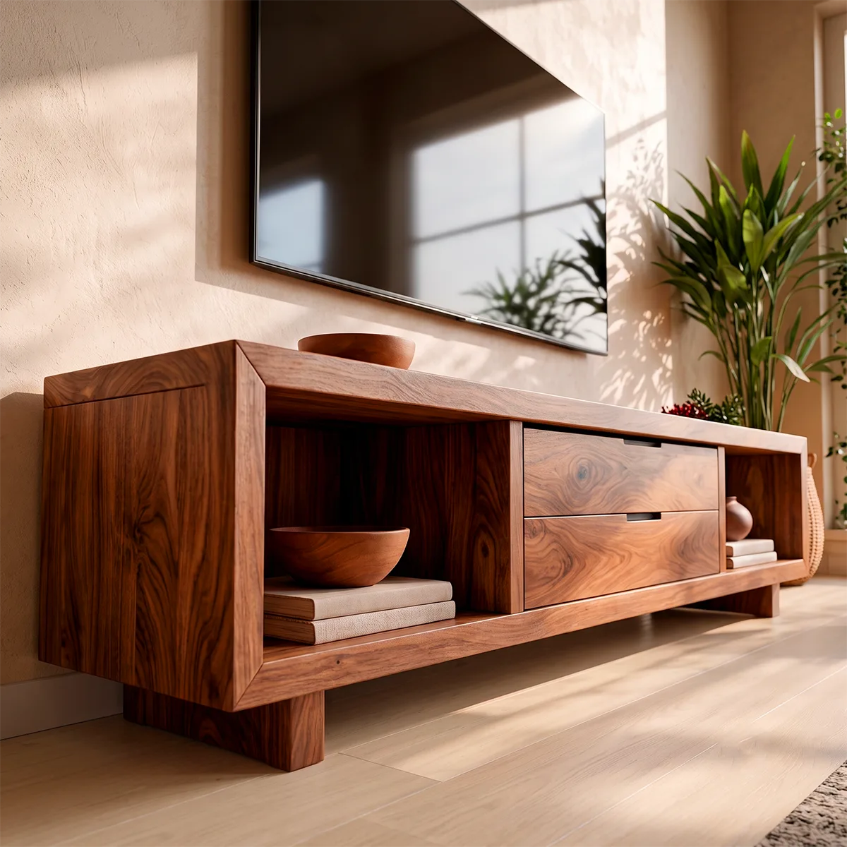 Modern TV Stand with 2 Drawers & 2 Open Storage Compartments | Low Profile Media Console TT006-9TIA4NA