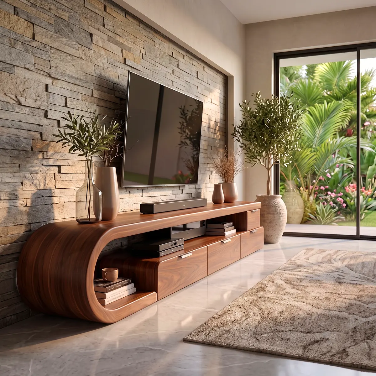 Sculptural Curved TV Stand with 4 Drawers & Open Media Storage | Modern Low Profile Entertainment Console TT006-1HJE1KP