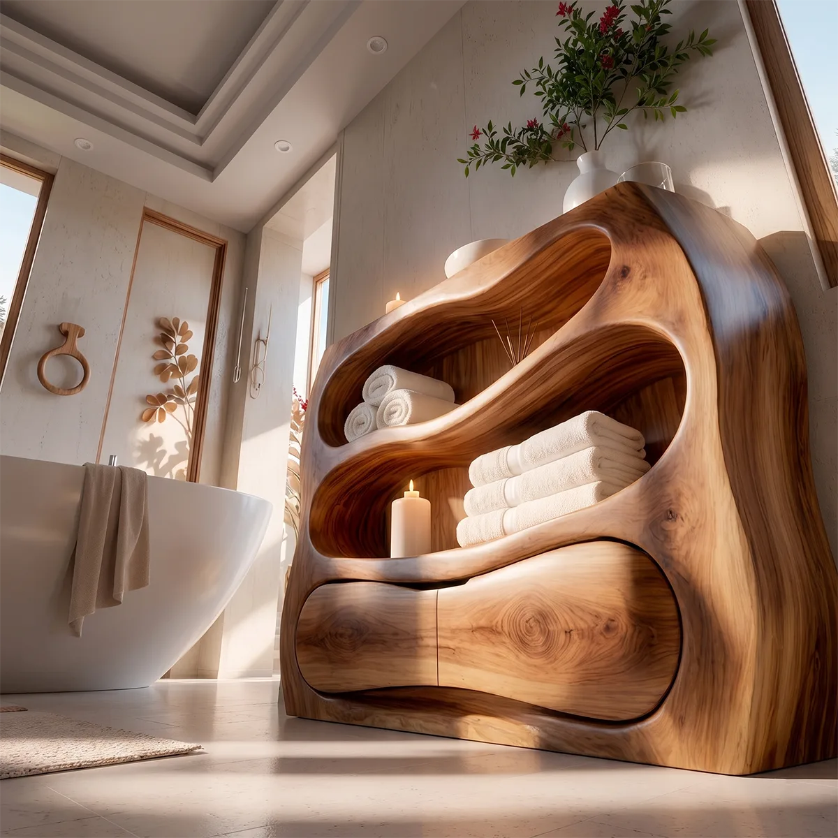 Sculptural Wood Bathroom Vanity | Organic Freestanding Vanity with Open Shelves & Storage Cabinet TT006-6NGL3LR