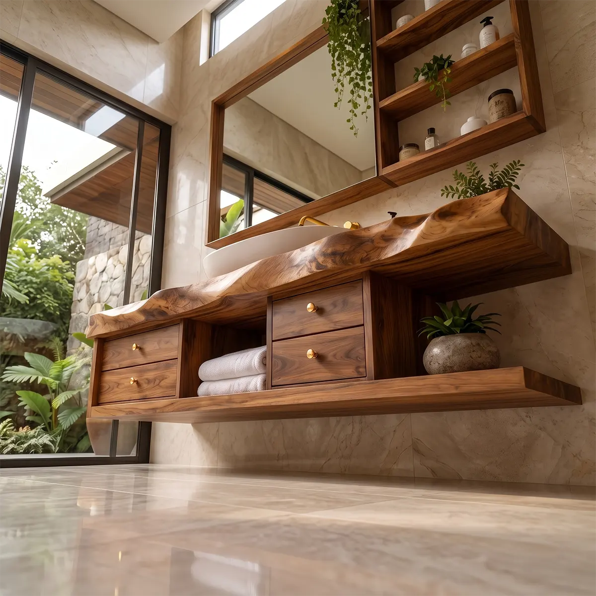 Live Edge Floating Bathroom Vanity | Wood Vanity with Drawers & Open Storage TT006-4VIS1BS