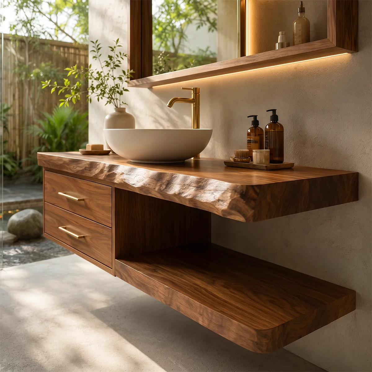 Floating Bathroom Vanity with 2 Drawers & Open Shelf | Organic Edge Modern Vanity TT006-9GFF3VU