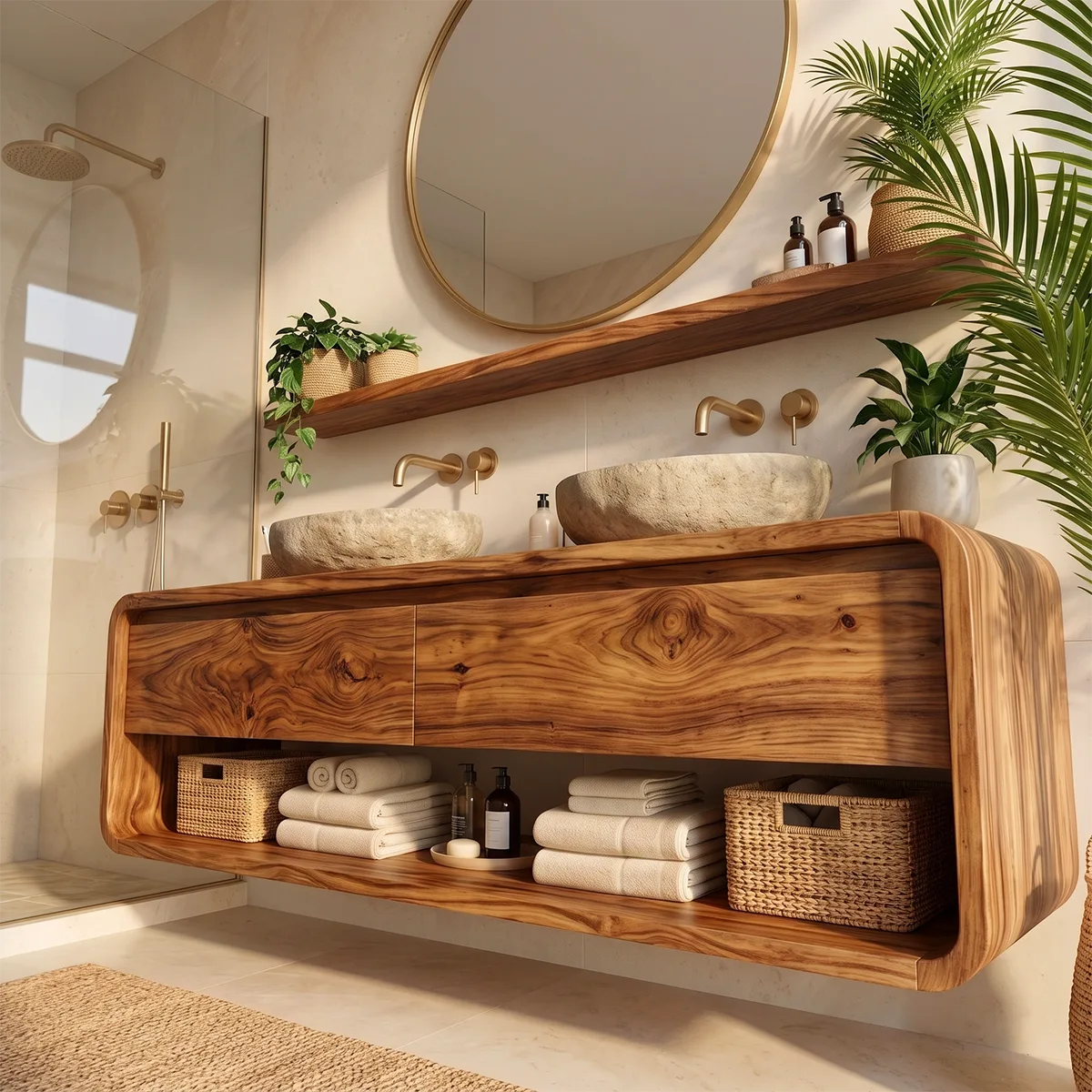 Floating Double Bathroom Vanity with 2 Drawers & Open Shelf | Rounded Organic Modern Design TT006-7NDV5OI