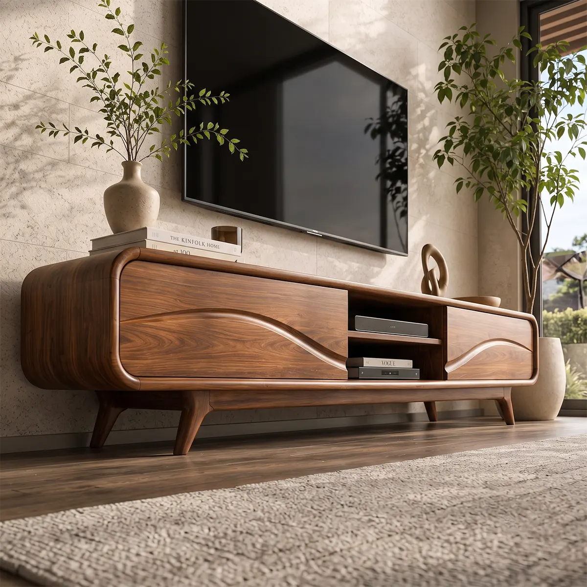 Modern TV Stand with 2 Open Shelves & Enclosed Storage | Sculptural Wave Media Console TT006-7PJS6KB