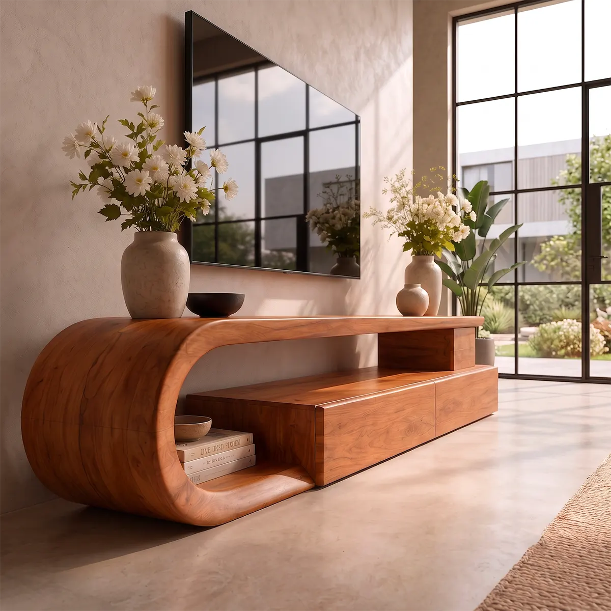 Sculptural Curved TV Stand with 3 Drawers & Open Shelving | Modern Low Profile Media Console TT006-6ELT4UJ