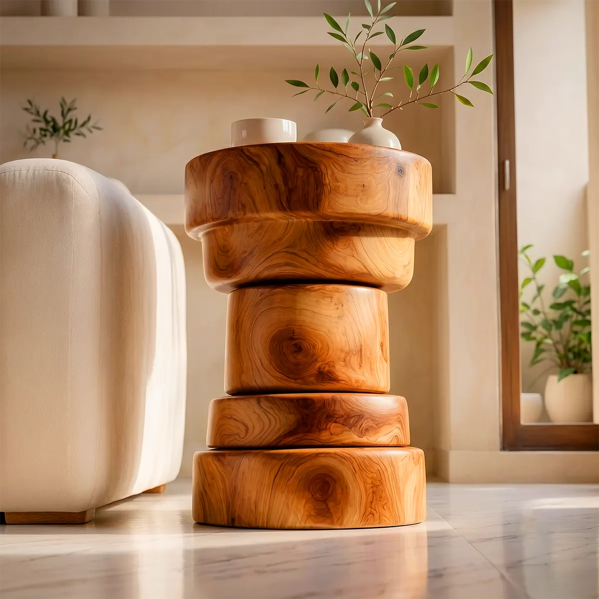 Sculptural Stacked Drum Wood End Table | Round Pedestal Side Table TT006-3TKS6LF
