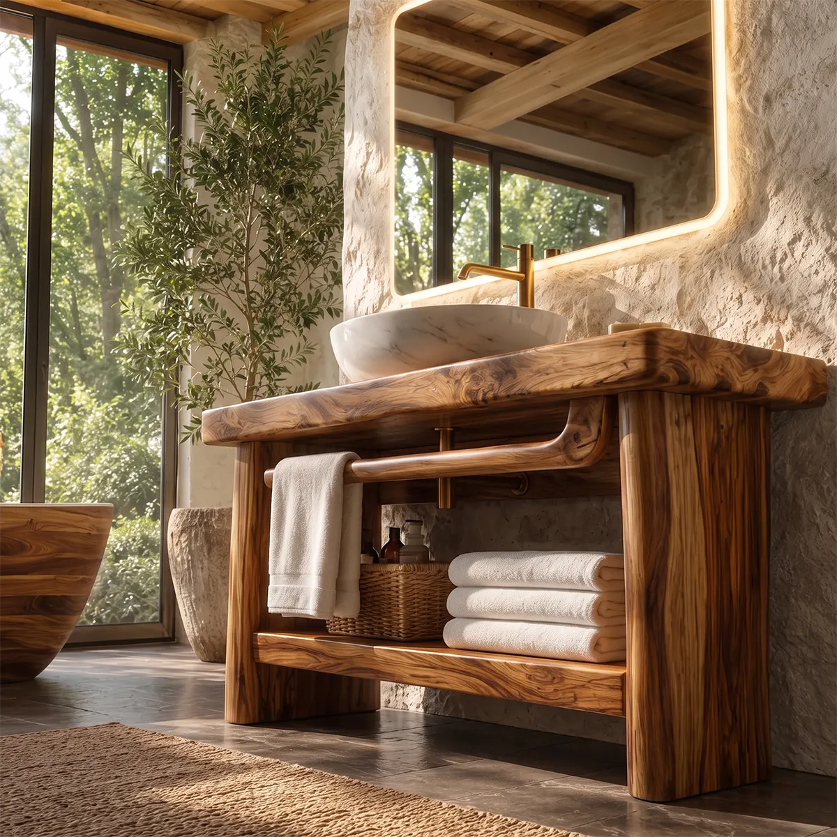 Freestanding Bathroom Vanity with Open Shelf & Towel Bar | Organic Modern Design TT006-4KEH4XG
