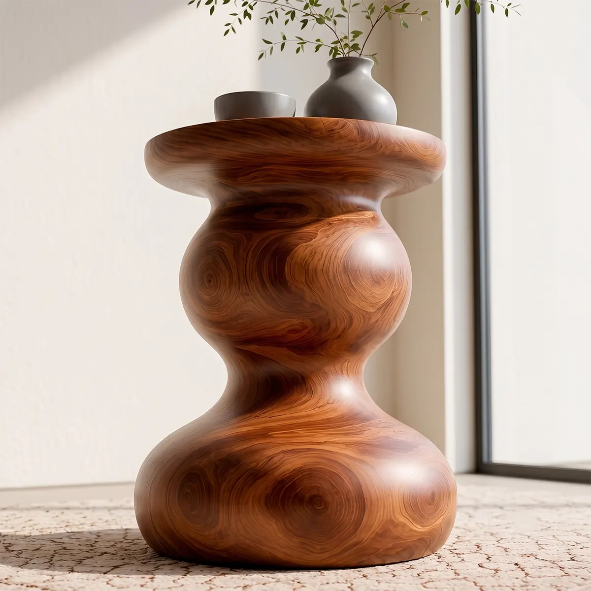 Sculptural Double Gourd Wood End Table | Round Pedestal Side Table TT006-3BUA5AI