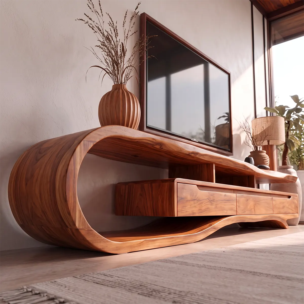 Sculptural Curved TV Stand with 3 Drawers & Open Storage | Modern Low Profile Media Console TT006-4OMT8HH