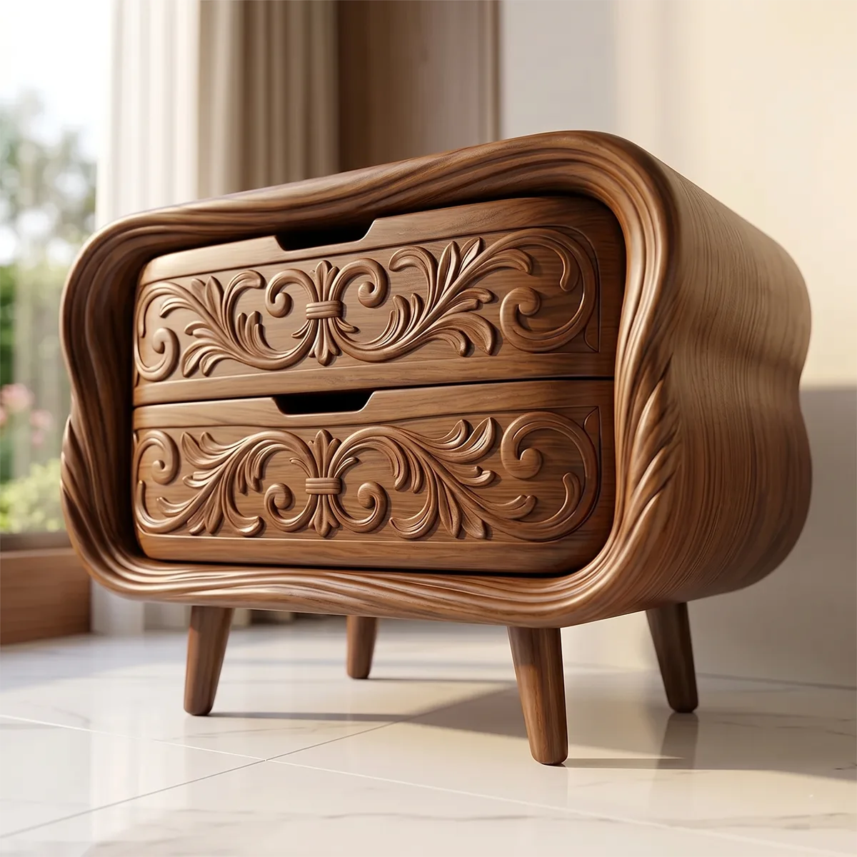 Carved Nightstand with 2 Drawers | Luxury Sculptural Bedside Table TH003-7822