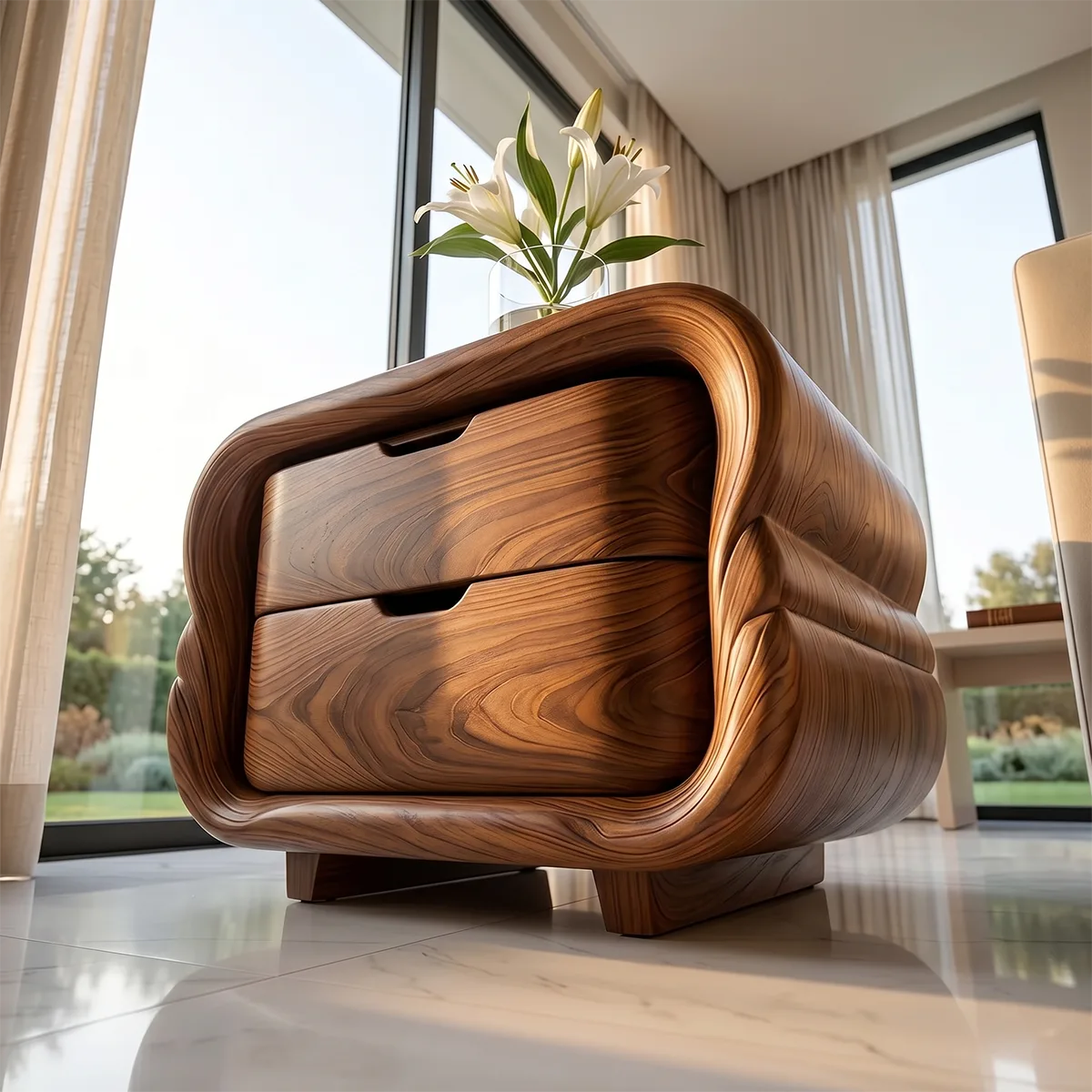 Modern Curved Nightstand | Sculptural 2 Drawer Bedside Table TH003-3504