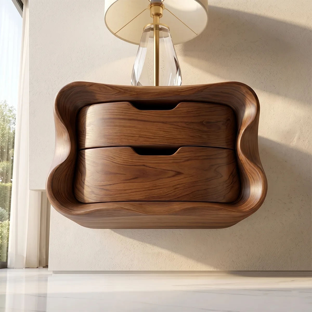 Floating Nightstand with 2 Drawers | Modern Curved Wall Mounted Bedside Table TH003-8175