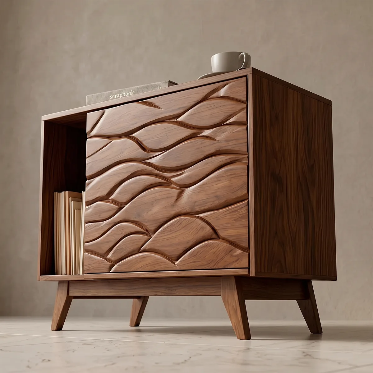 Modern Solid Wood End Table with Sliding Door | Mid Century Storage Side Table TH003-6980