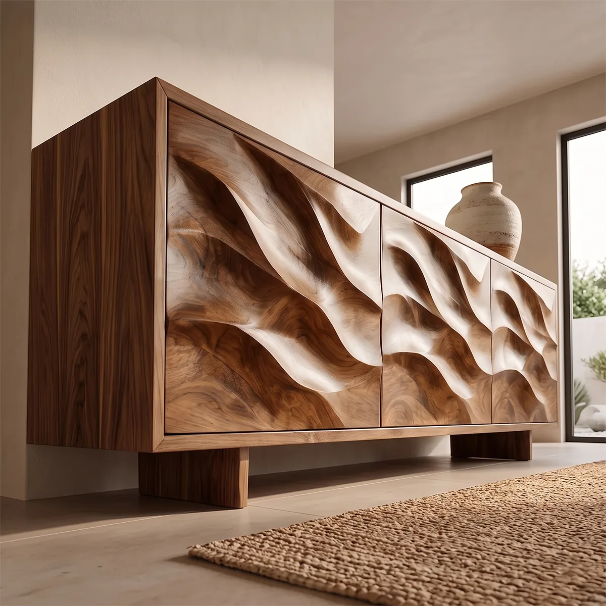 Wave Carved Solid Wood Sideboard | Organic Modern Buffet Cabinet for Dining & Living Room TH003-3569