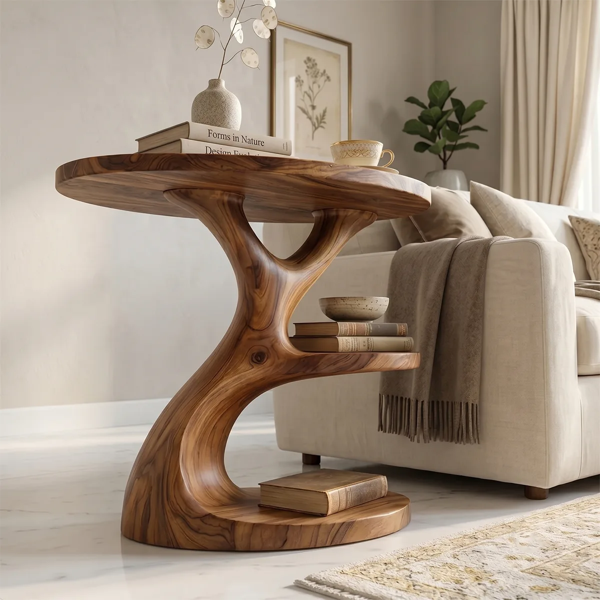 Sculptural Solid Wood End Table with Shelves | Organic Design TH003-3115