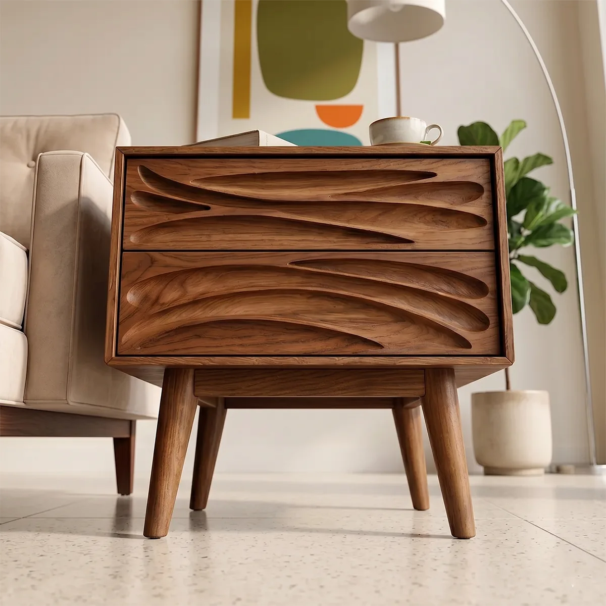 Modern Solid Wood End Table | Mid Century Side Table with 2 Carved Storage Drawers TH003-8695