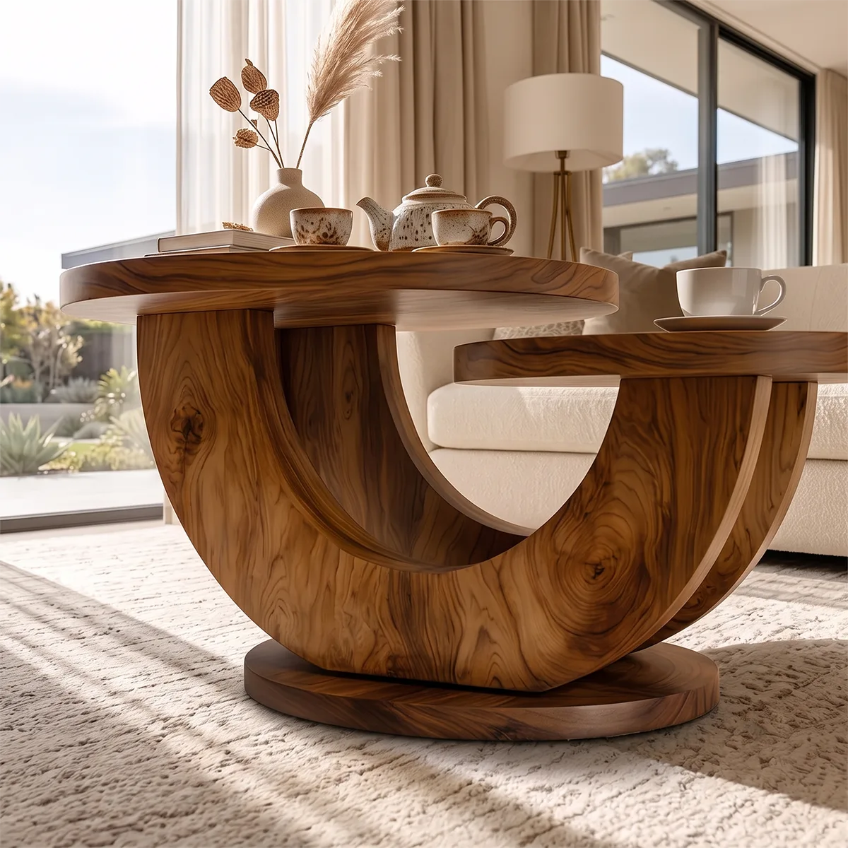 Sculptural Two-Tier Round Coffee Table with Curved Base | Organic Modern Living Room Table TH003-3SBR5VG