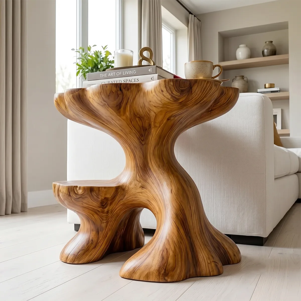 Sculptural Solid Wood Side Table with Shelf | Organic End Table TH003-9908