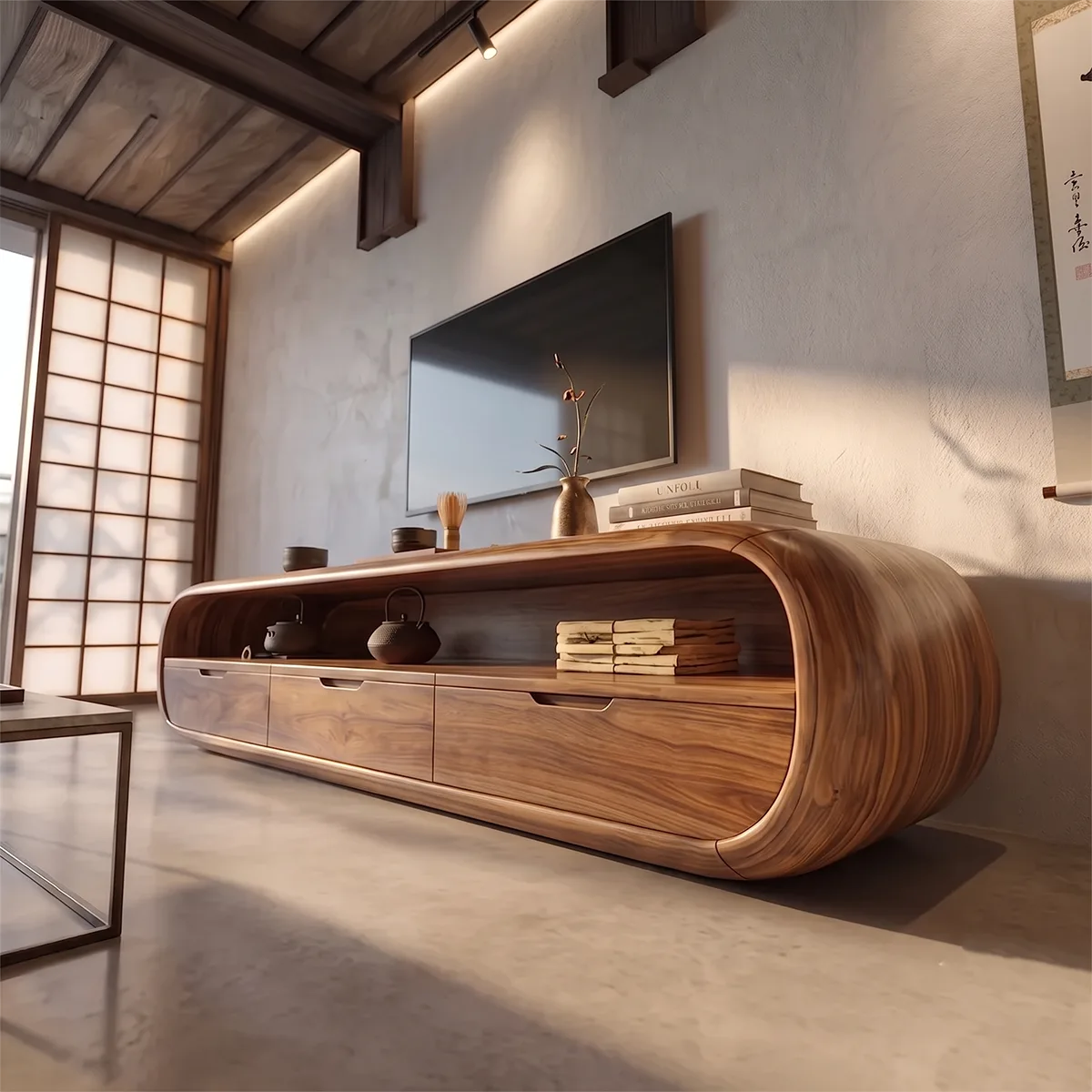 Modern Curved TV Stand with 3 Drawers & Open Shelf | Low Profile Media Console TH003-7SLN5DB