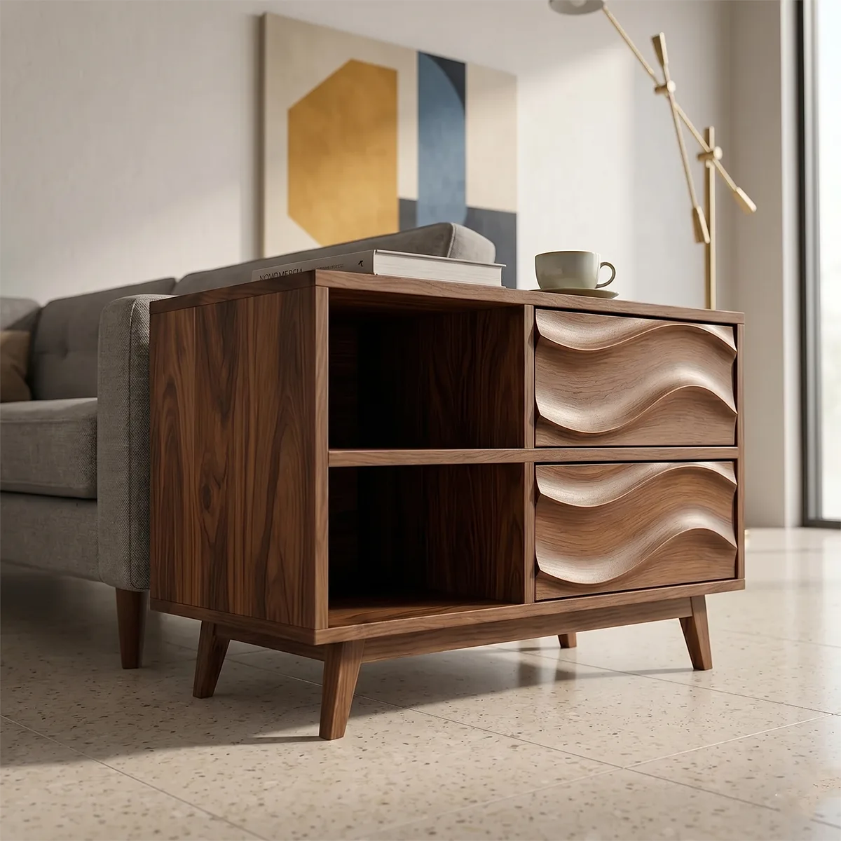 Modern Solid Wood End Table with Storage | Mid Century Side Table with 2 Drawers & Open Shelves TH003-4573