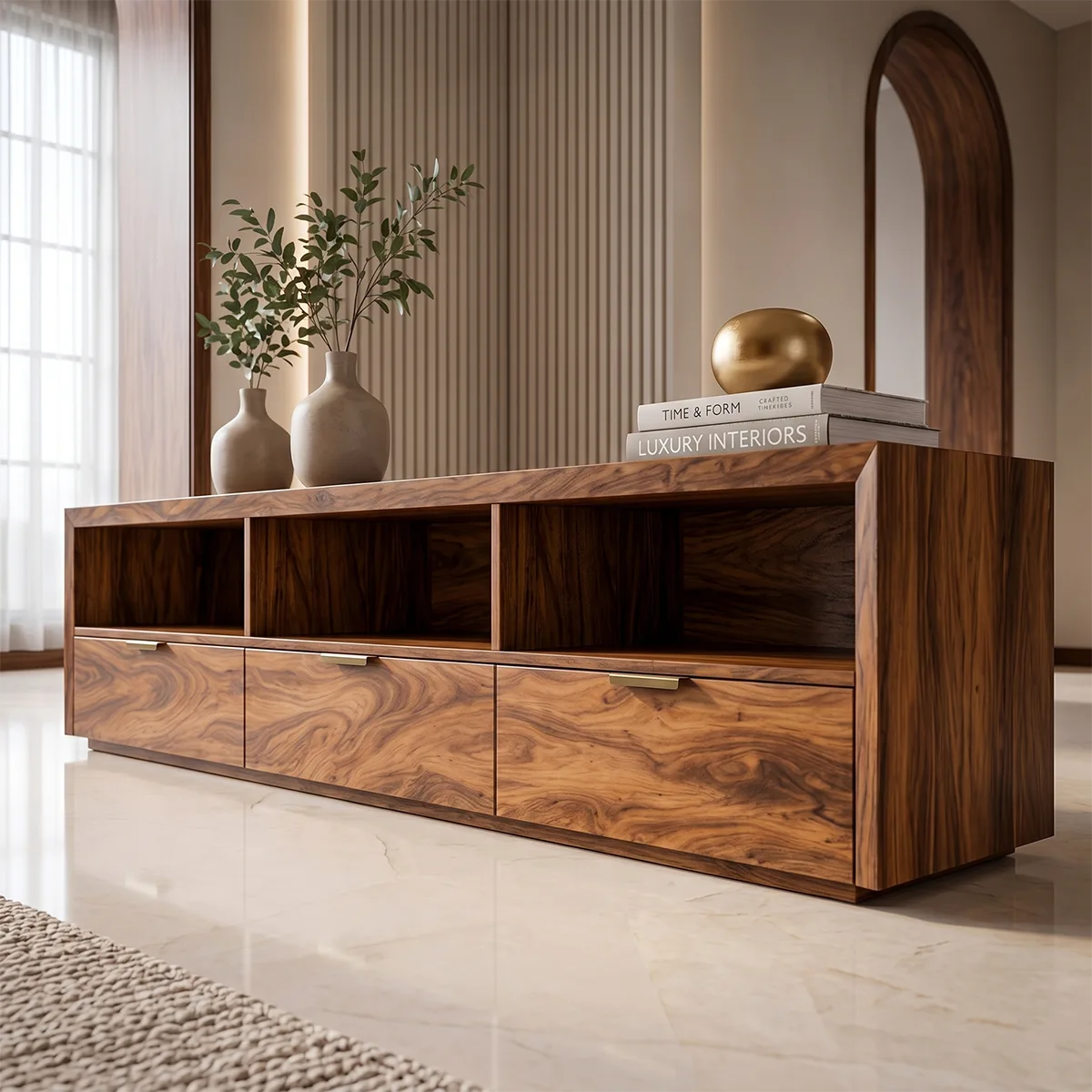 Modern Media Console with Open Shelves and 3 Drawers