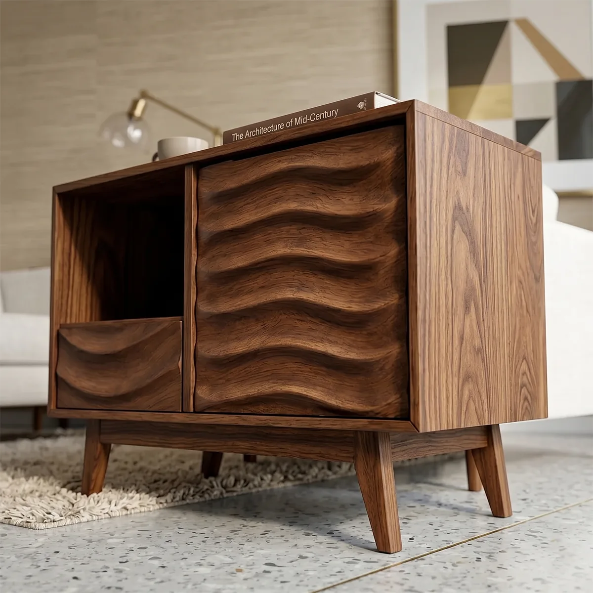 Modern Solid Wood End Table with Storage | Mid Century Side Table with Drawer & Cabinet TH003-4266