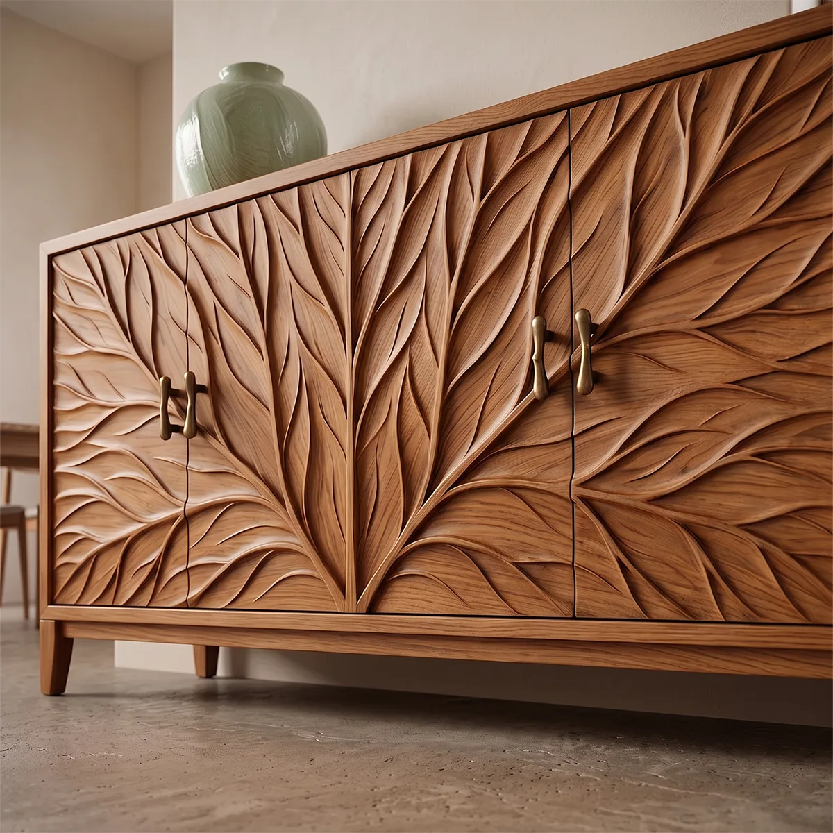 Leaf Carved Solid Wood Sideboard | Botanical Buffet Cabinet for Organic Modern & Japandi Interiors TH003-8571