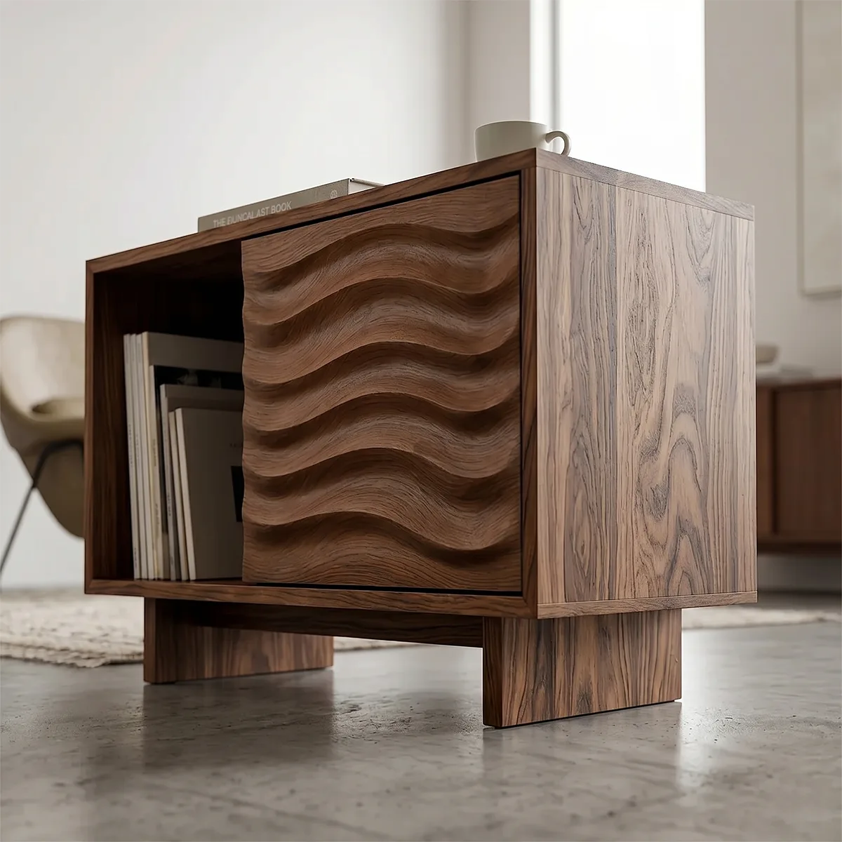 Modern Solid Wood End Table with Sliding Door | Mid Century Storage Side Table for Living Room TH003-7699