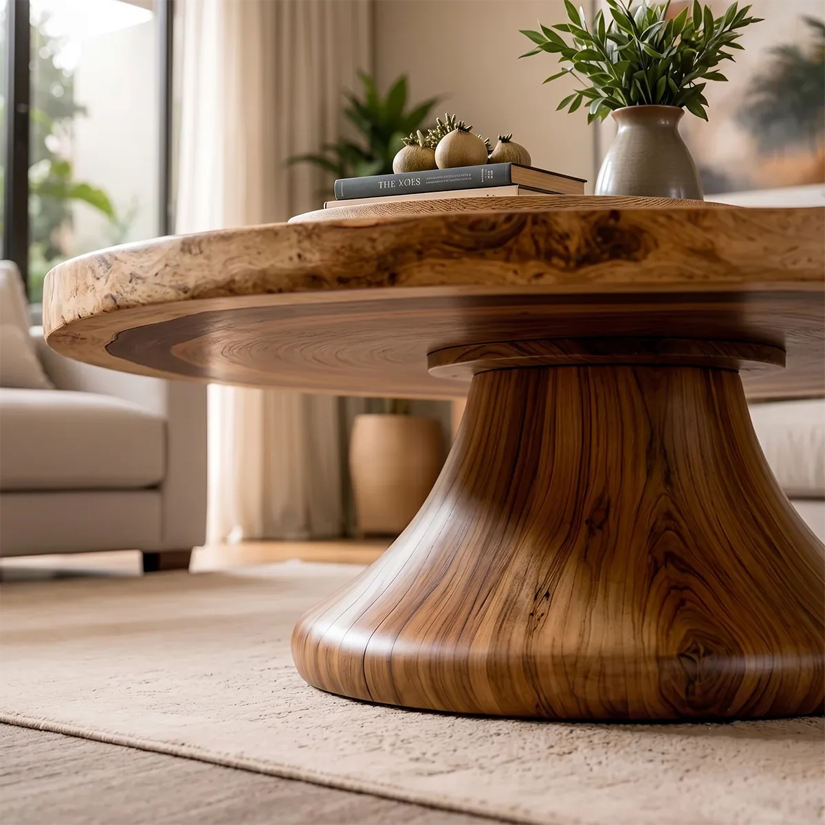 Round Solid Wood Coffee Table – Rustic Modern Pedestal Design TH003-9563