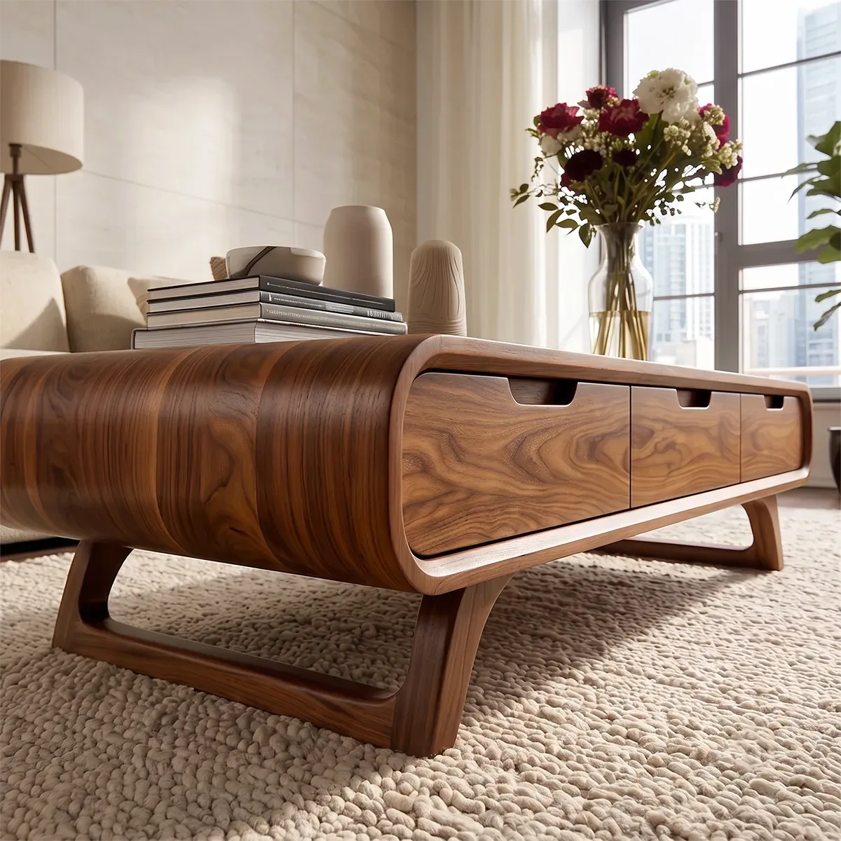 Modern Rounded Coffee Table with 3 Drawers | Mid Century Living Room Storage Table TH003-6LLU2ZO