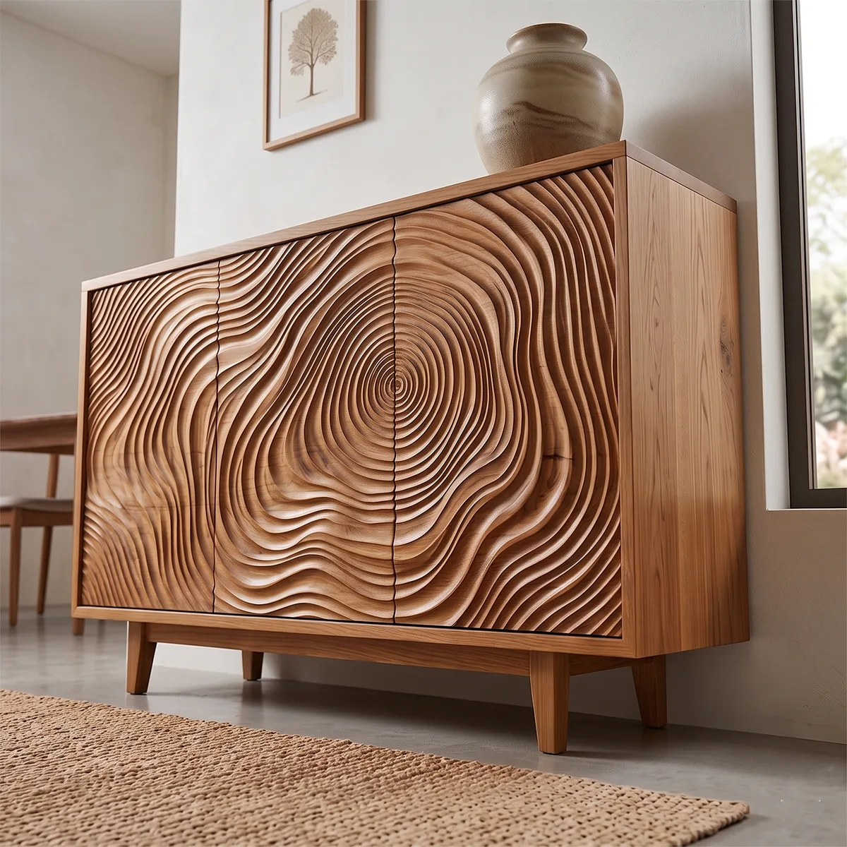 Tree Ring Carved Solid Wood Sideboard | Sculptural Buffet Cabinet for Organic Modern Interiors TH003-6042
