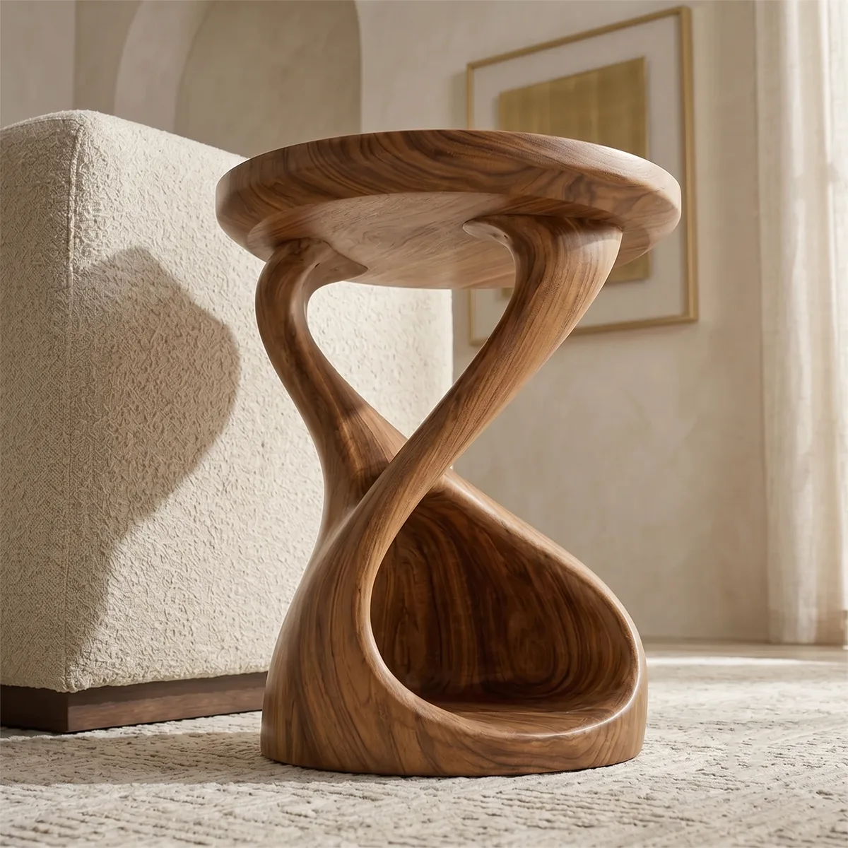 Hourglass Solid Wood Side Table with Storage | Sculptural End Table TH003-8108