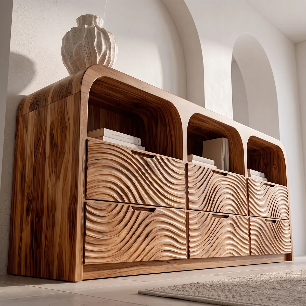 Wave Carved Solid Wood Storage Cabinet | Modern Credenza with Drawers & Open Shelves TH003-9574