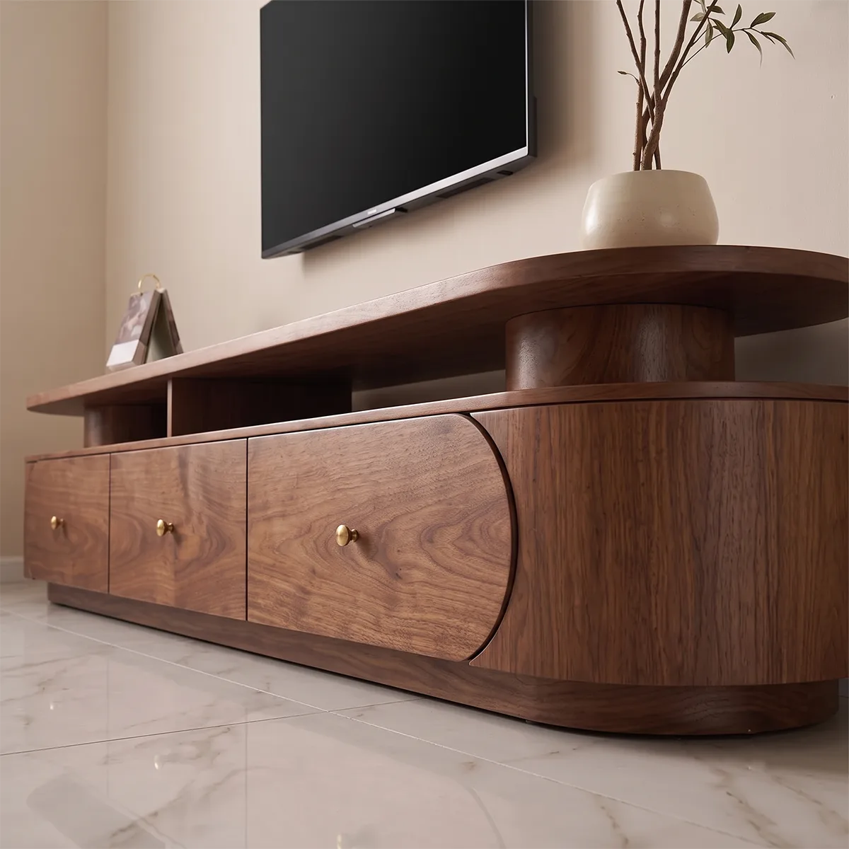 Modern TV Stand with 3 Drawers & Open Shelf | Curved Media Console TH003-1IBC4JQ